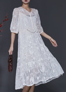 White Silk Maxi Dress V Neck Embroidered Half Sleeve