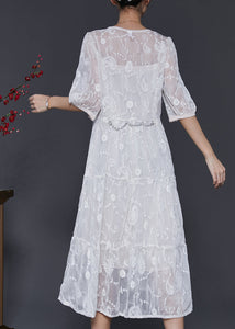 White Silk Maxi Dress V Neck Embroidered Half Sleeve