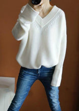 Load image into Gallery viewer, White Solid Cozy Knit Sweaters Top V Neck Spring