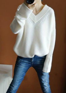 White Solid Cozy Knit Sweaters Top V Neck Spring