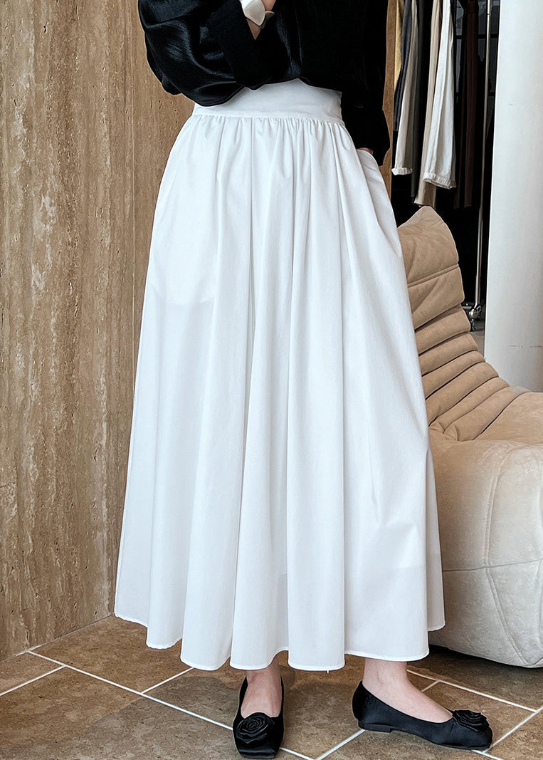 White Solid Pockets Cotton Pleated Skirt High Waist