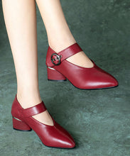 Load image into Gallery viewer, Wine Red Buckle Strap Splicing Chunky Heel Faux Leather Pointed Toe