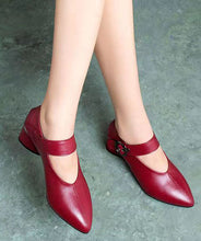 Load image into Gallery viewer, Wine Red Buckle Strap Splicing Chunky Heel Faux Leather Pointed Toe