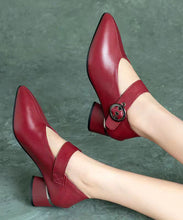 Load image into Gallery viewer, Wine Red Buckle Strap Splicing Chunky Heel Faux Leather Pointed Toe