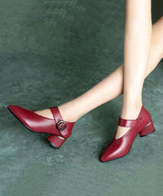 Load image into Gallery viewer, Wine Red Buckle Strap Splicing Chunky Heel Faux Leather Pointed Toe