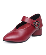 Load image into Gallery viewer, Wine Red Buckle Strap Splicing Chunky Heel Faux Leather Pointed Toe