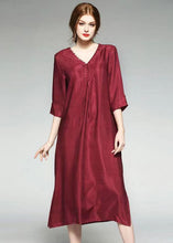 Load image into Gallery viewer, Wine Red Patchwork Silk Dress V Neck Side Open Bracelet Sleeve