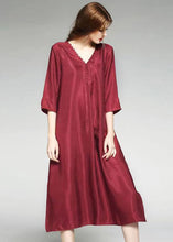 Load image into Gallery viewer, Wine Red Patchwork Silk Dress V Neck Side Open Bracelet Sleeve