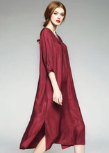 Load image into Gallery viewer, Wine Red Patchwork Silk Dress V Neck Side Open Bracelet Sleeve