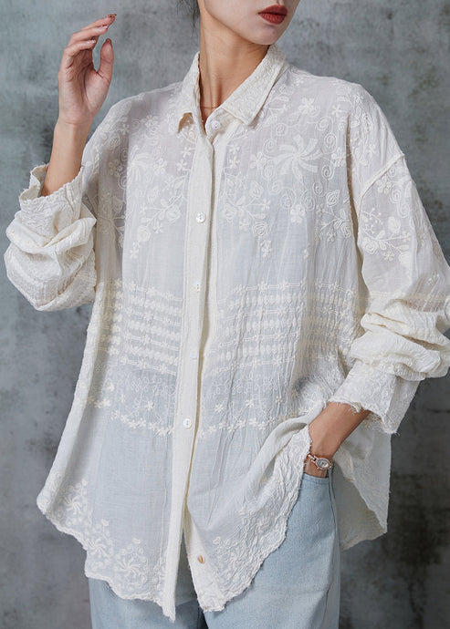 Women Apricot Embroidered Cotton Blouses Spring