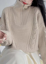 Load image into Gallery viewer, Women Apricot Turtleneck Zip Up Cotton Knit Sweaters Long Sleeve