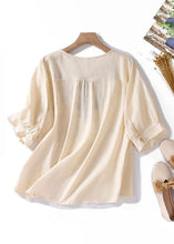 Load image into Gallery viewer, Women Apricot V Neck Embroidered Linen T Shirt Summer