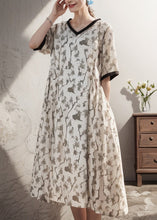 Load image into Gallery viewer, Women Apricot V Neck Print Patchwork Plus Size Silk Dress Summer