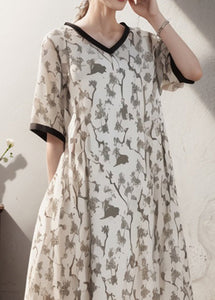 Women Apricot V Neck Print Patchwork Plus Size Silk Dress Summer