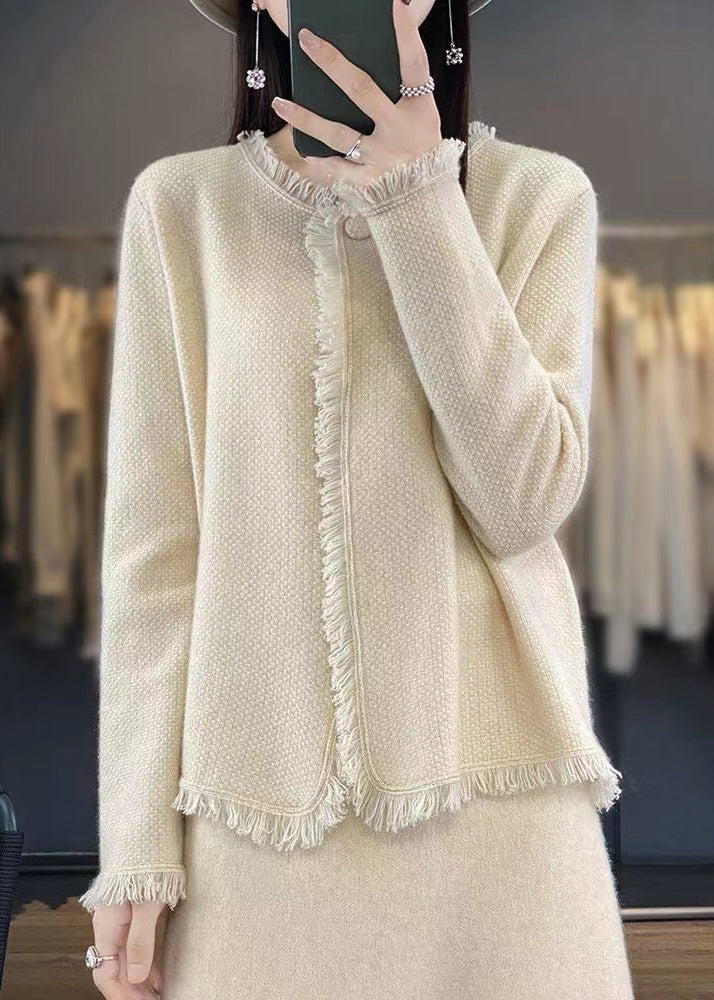 Women Beige Solid Button Knit Cotton Cardigans Spring