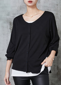 Women Black Asymmetrical Patchwork Cotton Sweatshirts Top Spring