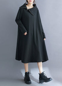 Women Black Asymmetrical Turtleneck Cotton Long Dress Fall