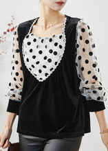 Load image into Gallery viewer, Women Black Dot Patchwork Velour Fake Two Piece Shirts Spring