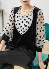 Load image into Gallery viewer, Women Black Dot Patchwork Velour Fake Two Piece Shirts Spring