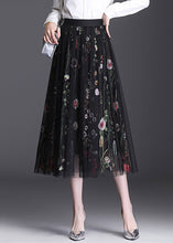 Load image into Gallery viewer, Women Black Embroidered Elastic Waist Tulle Skirt Summer