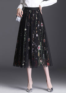 Women Black Embroidered Elastic Waist Tulle Skirt Summer