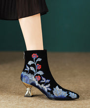 Load image into Gallery viewer, Women Black Embroidered Zippered Suede High Heels