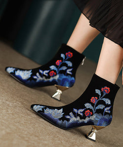 Women Black Embroidered Zippered Suede High Heels