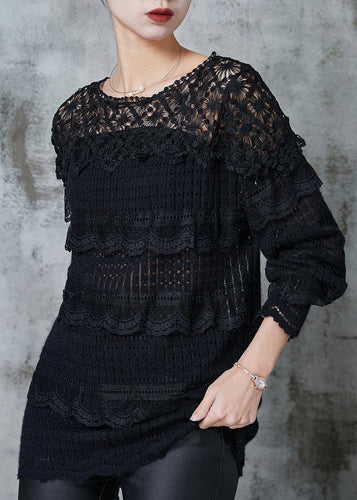 Women Black Hollow Out Patchwork Lace Knit Shirts Spring