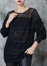 Load image into Gallery viewer, Women Black Hollow Out Patchwork Lace Knit Shirts Spring