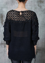 Load image into Gallery viewer, Women Black Hollow Out Patchwork Lace Knit Shirts Spring