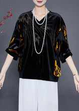 Load image into Gallery viewer, Women Black Hollow Out Zircon Silk Velour Shirt Top Half Sleeve