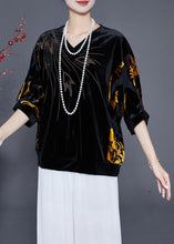 Load image into Gallery viewer, Women Black Hollow Out Zircon Silk Velour Shirt Top Half Sleeve