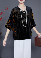 Load image into Gallery viewer, Women Black Hollow Out Zircon Silk Velour Shirt Top Half Sleeve