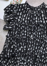 Load image into Gallery viewer, Women Black O-Neck Ruffled Patchwork Dot Print Long Dress Short Sleeve