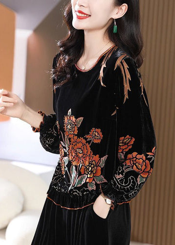 Women Black O Neck Ruffled Print Silk Velour Tops Long Sleeve