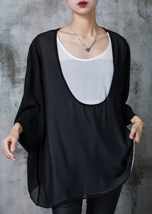 Women Black Oversized Patchwork Chiffon Sweatshirts Top Summer