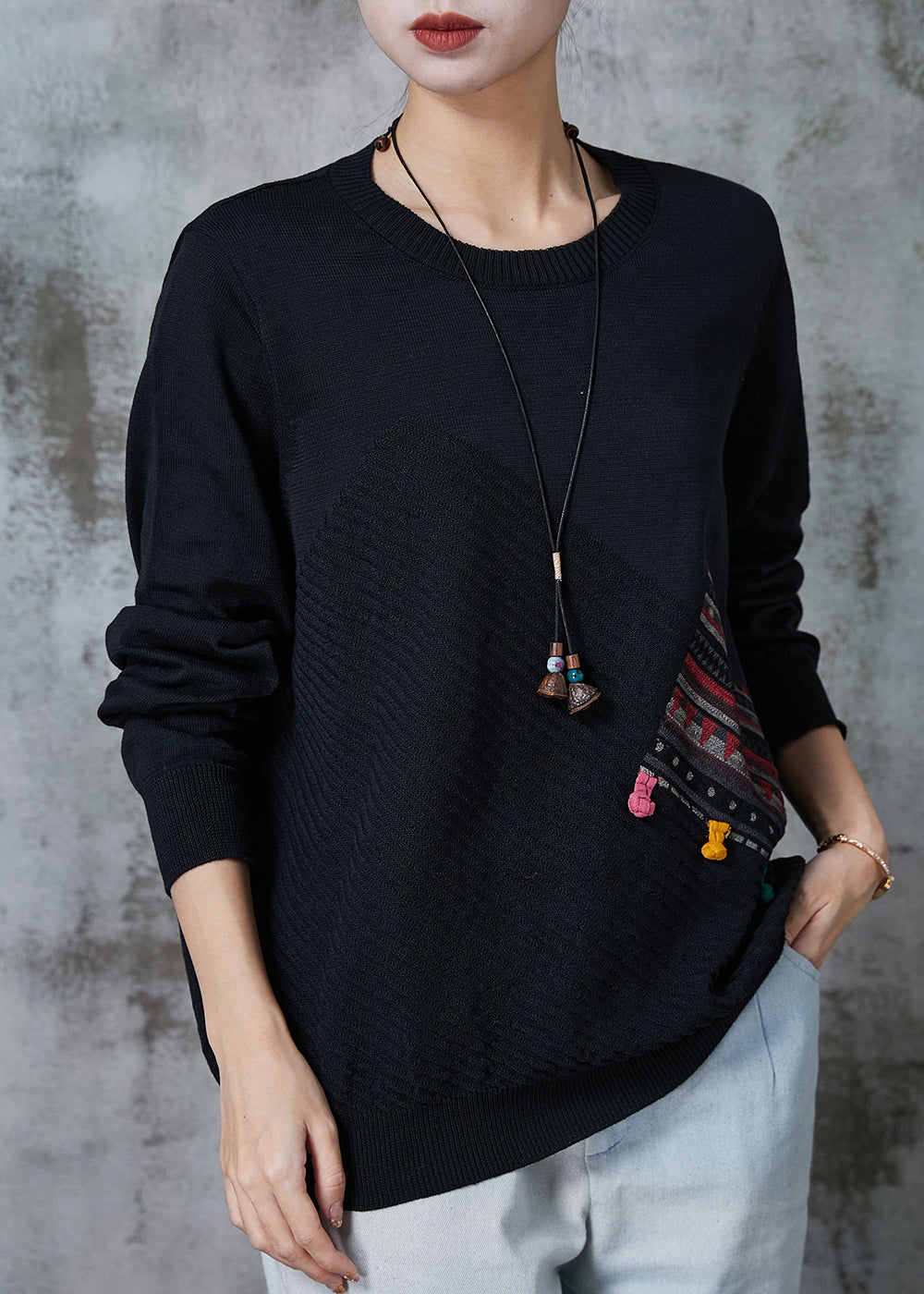 Women Black Patchwork Applique Knit Pullover Spring