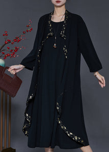 Women Black Ruffled Patchwork Chiffon Maxi Dresses Spring