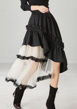 Load image into Gallery viewer, Women Black Ruffled Patchwork Tulle Cotton Skirt Spring