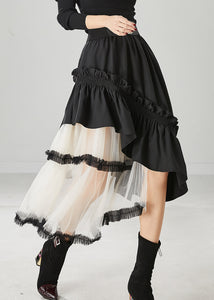 Women Black Ruffled Patchwork Tulle Cotton Skirt Spring