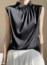 Load image into Gallery viewer, Women Black Ruffled Solid Silk Tank Sleeveless