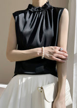 Load image into Gallery viewer, Women Black Ruffled Solid Silk Tank Sleeveless