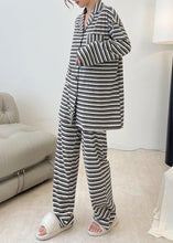 Load image into Gallery viewer, Women Black Striped Patchwork Cotton Two Piece Set Long Sleeve