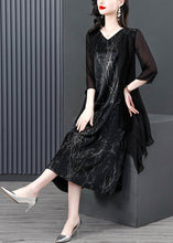 Load image into Gallery viewer, Women Black V Neck Print Patchwork Fake Two Pieces Satin Maxi Dress Summer