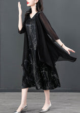 Load image into Gallery viewer, Women Black V Neck Print Patchwork Fake Two Pieces Satin Maxi Dress Summer