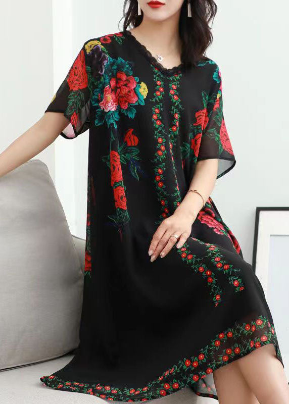 Women Black V Neck Rose Print Patchwork Chiffon Dresses Summer