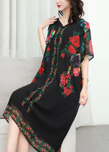 Women Black V Neck Rose Print Patchwork Chiffon Dresses Summer