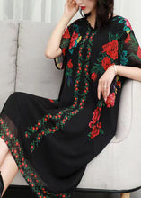 Load image into Gallery viewer, Women Black V Neck Rose Print Patchwork Chiffon Dresses Summer