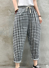 Load image into Gallery viewer, Women Black White Plaid Tie Waist Crop Beam Pants