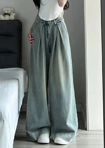 Women Blue Button Pockets High Waist Denim Pants Summer